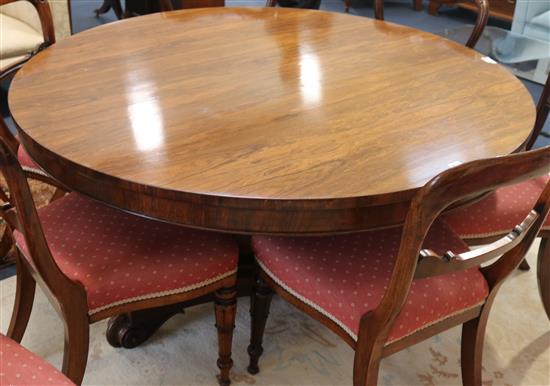 A Victorian rosewood tilt top table, on triform base, 138cm wide